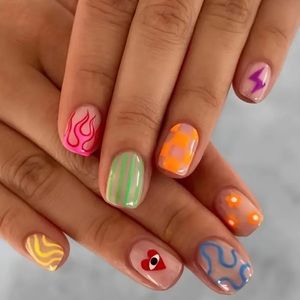 🌈✨ 24 Pack Colorful Retro Press-On Nails | Funky Abstract & Y2K Designs 💅🎨
